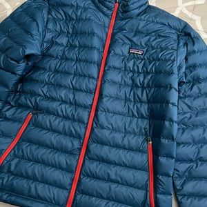 Patagonia Mens Down Sweater Jacket Size X-Large - Big Sur Blue / With Fire Red
